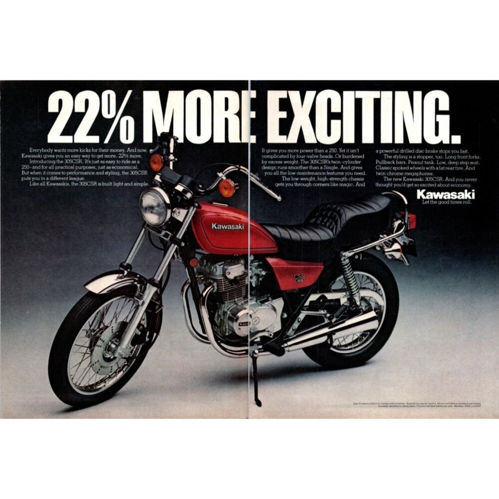 1981 Kawasaki 305CSR Motorcycle Sport Bike 2 Page Vintage Print Ad Wall Art